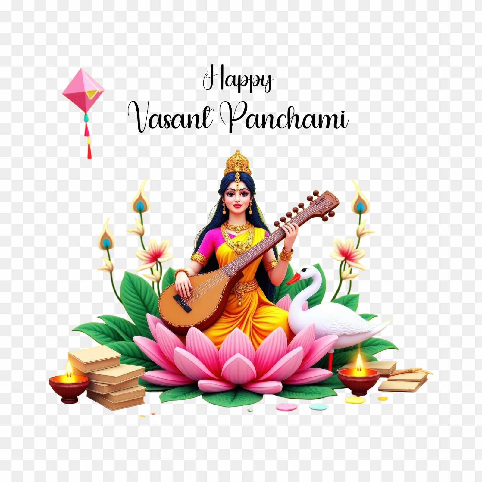 Happy Basant Panchami Saraswati Maa full HD PNG image download 