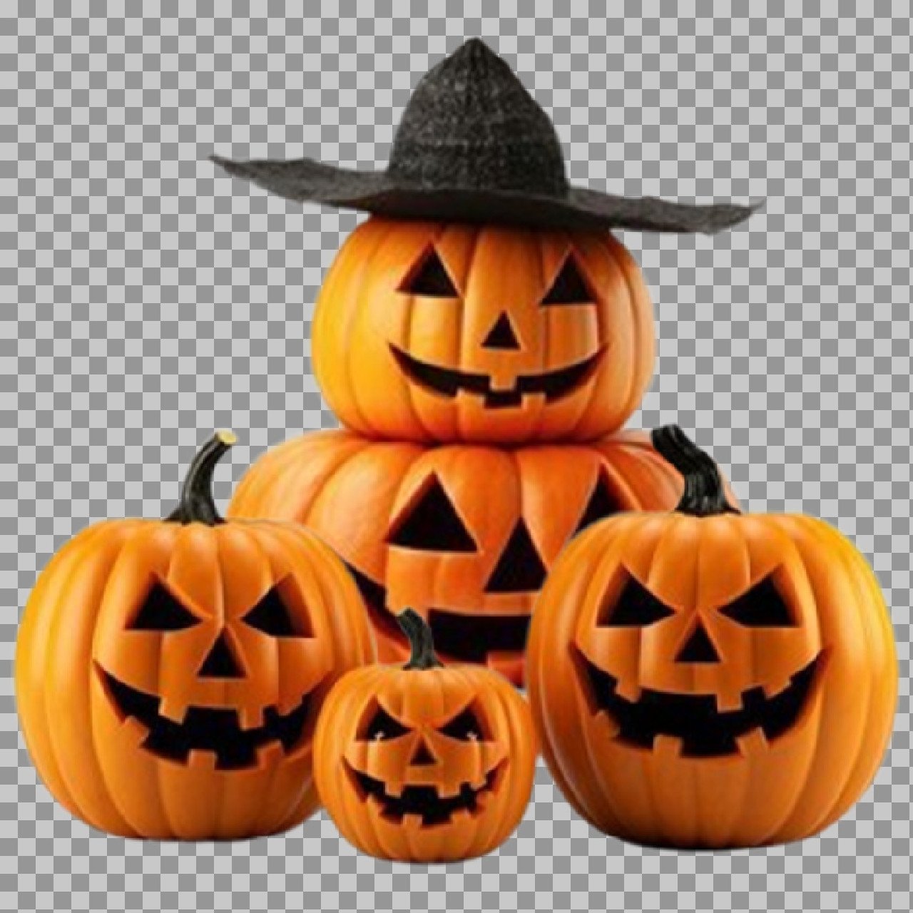 Stacked Halloween Jack-o’-Lantern Pumpkins PNG with Witch Hat