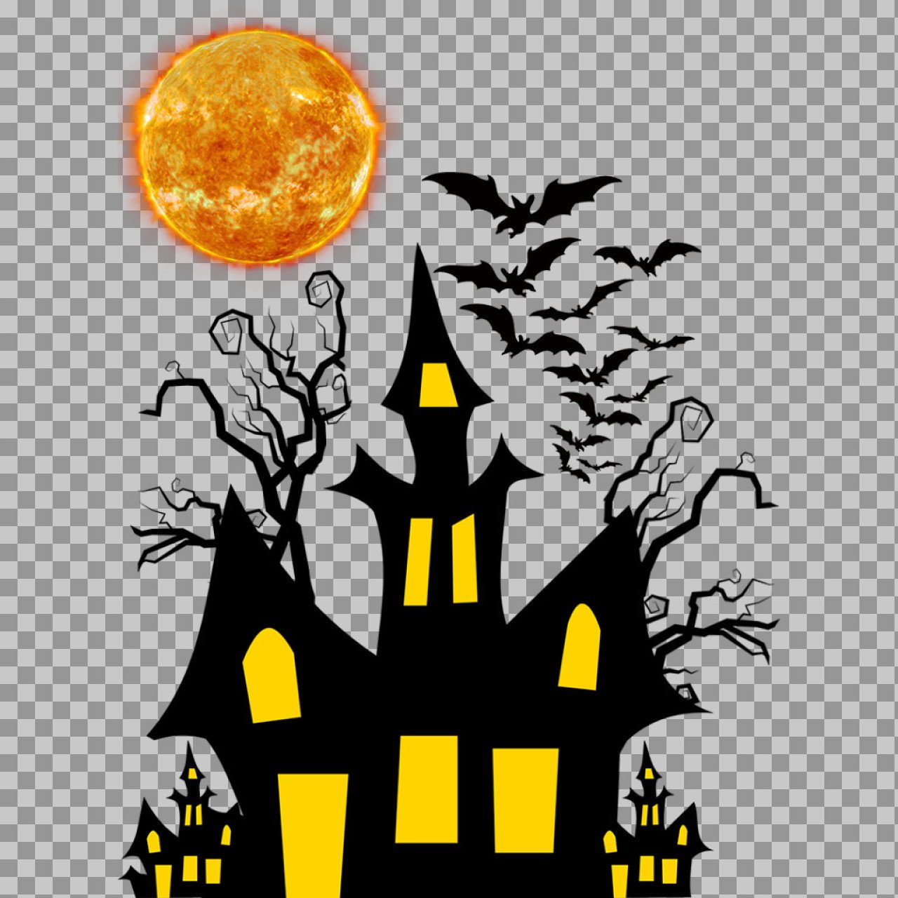 Haunted House PNG with Bats and Fiery Moon – Halloween Clipart