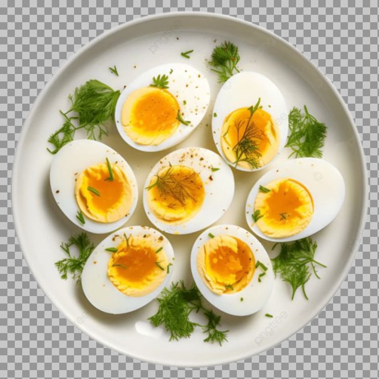 Boiled Eggs PNG | Halved Hard Boiled Eggs with Dill Transparent Image