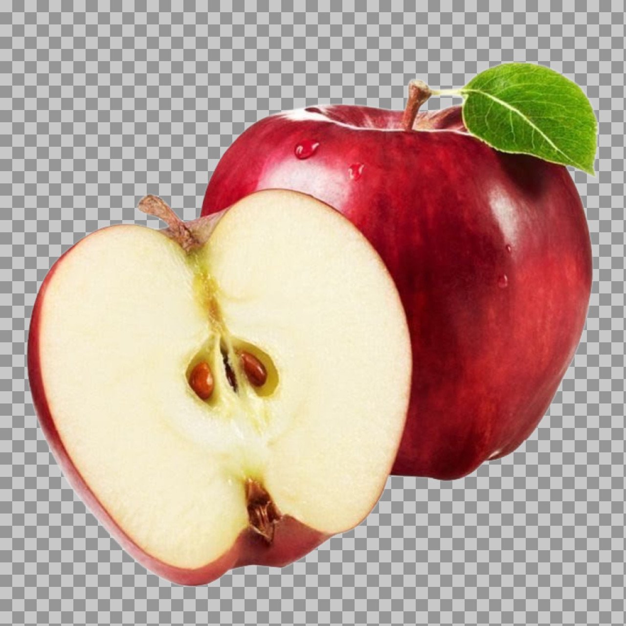 Red Apple PNG | 🍎 Fresh Whole & Halved Apple with Leaf Transparent Image