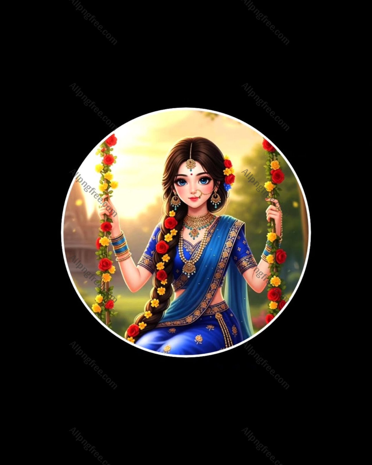Radha Rani DP on Floral Swing in Blue Lehenga | Krishna Devotee Girls Profile Picture HD