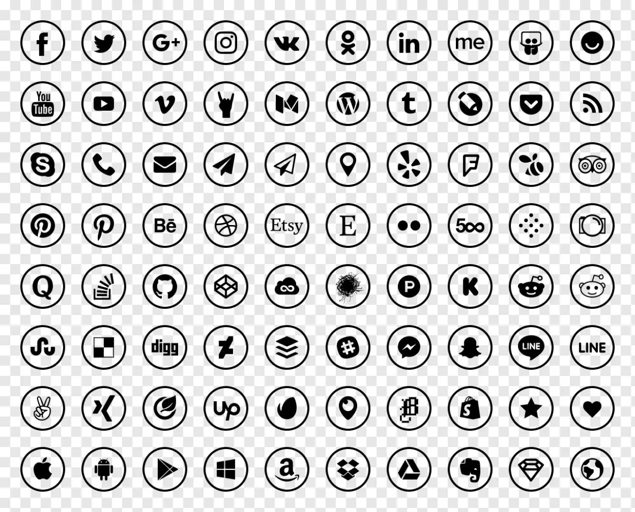 80 Social Media Icons PNG Set | Free Round Black Outline Icons Download