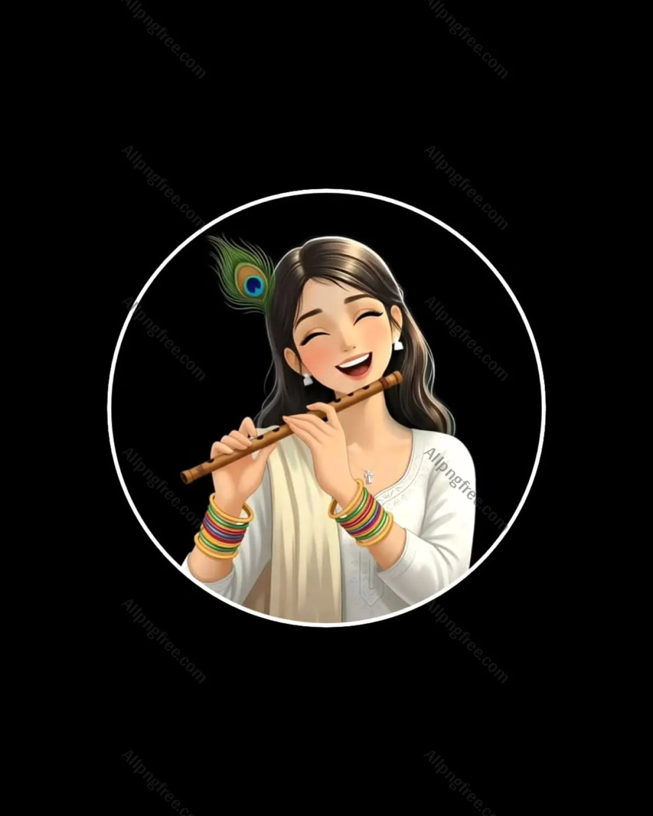 Cute Girl Playing Flute with Peacock Feather | Krishna Devotional Art PNG