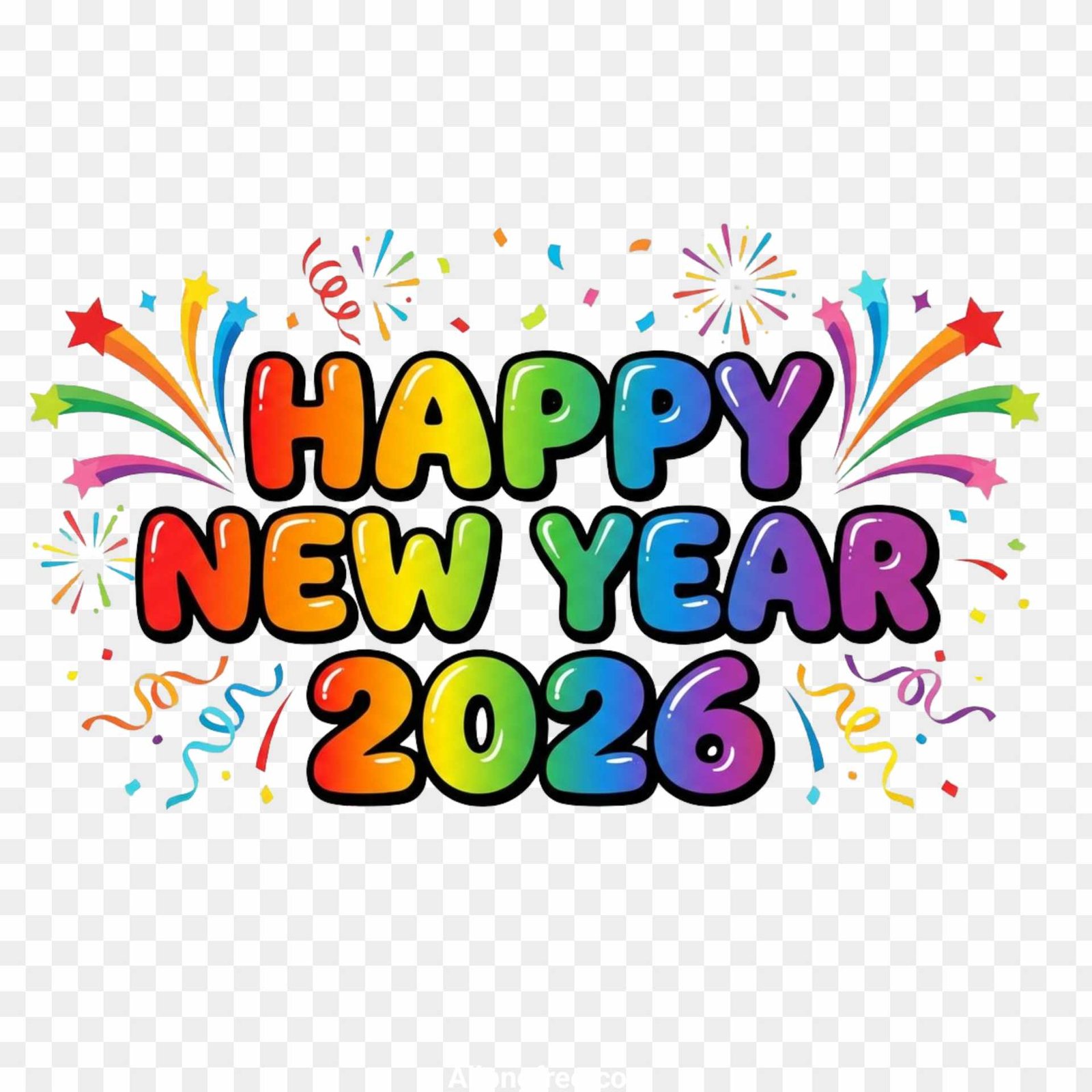 Colorful Happy New Year 2026 PNG | Fireworks & Festive Clipart
