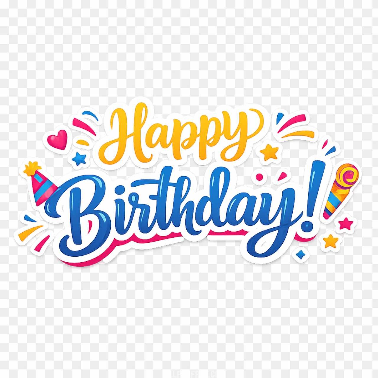 Happy Birthday PNG text Sticker - Blue & Yellow Text with Party Icons