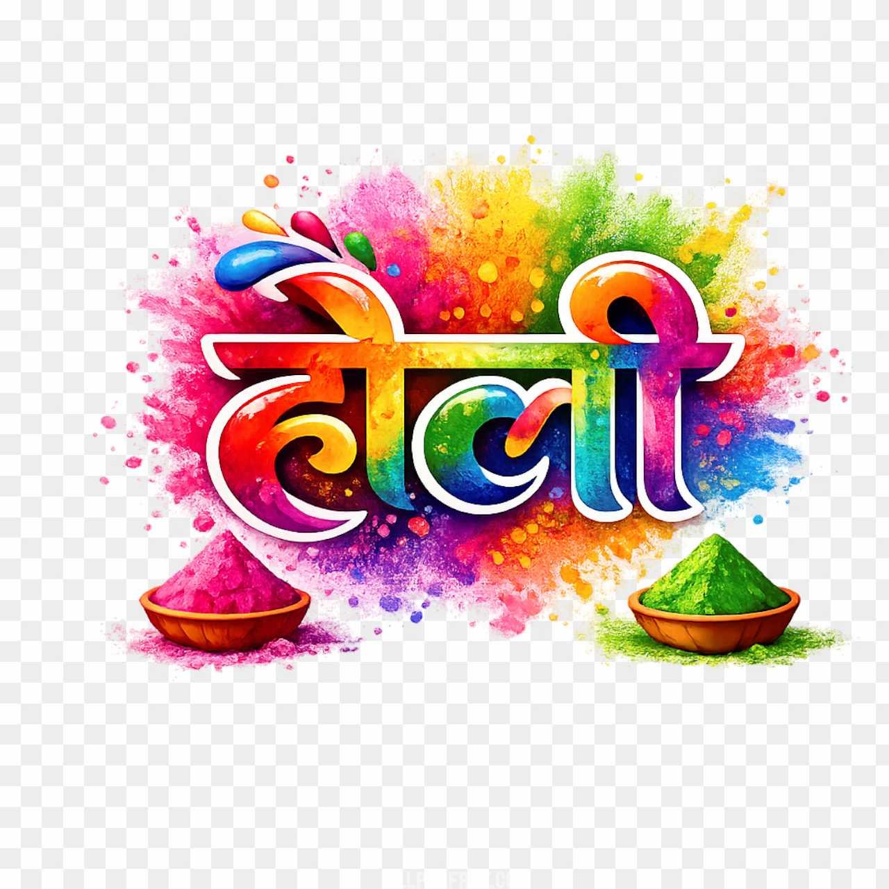 Holi Hindi Text PNG - 3D Devanagari Typography with Gulal Bowls